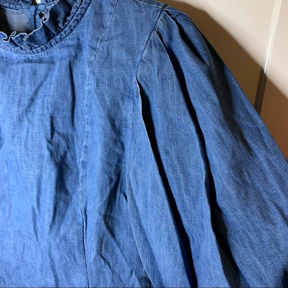 Zara High-Neck Ruffle Denim 3/4 Sleeve Puffy Top - Picture 6 of 14